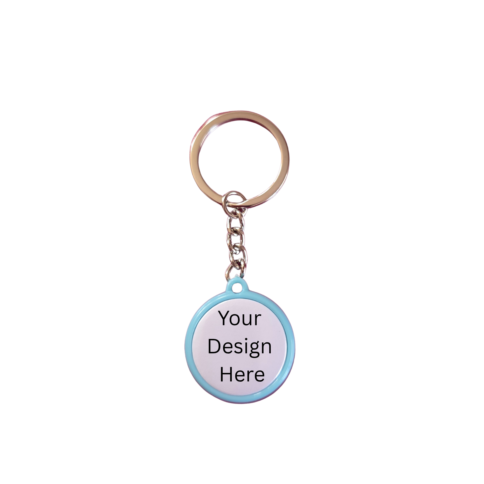Customizable keychain with a round blue tag on a white background