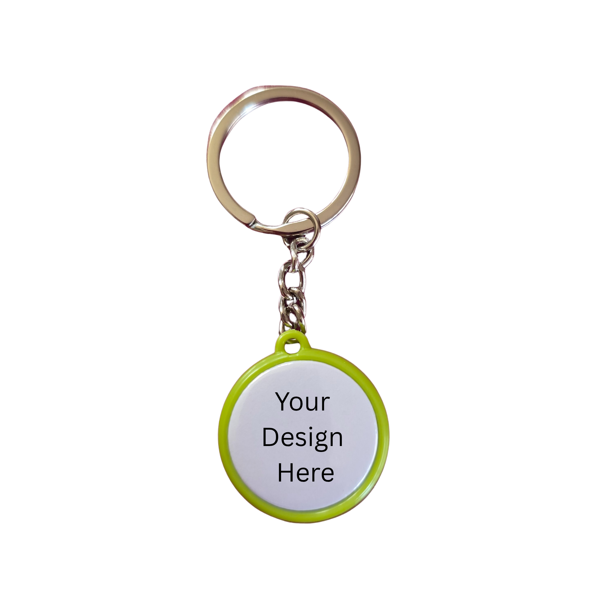 Keychain with a round green tag for personalization on a white background