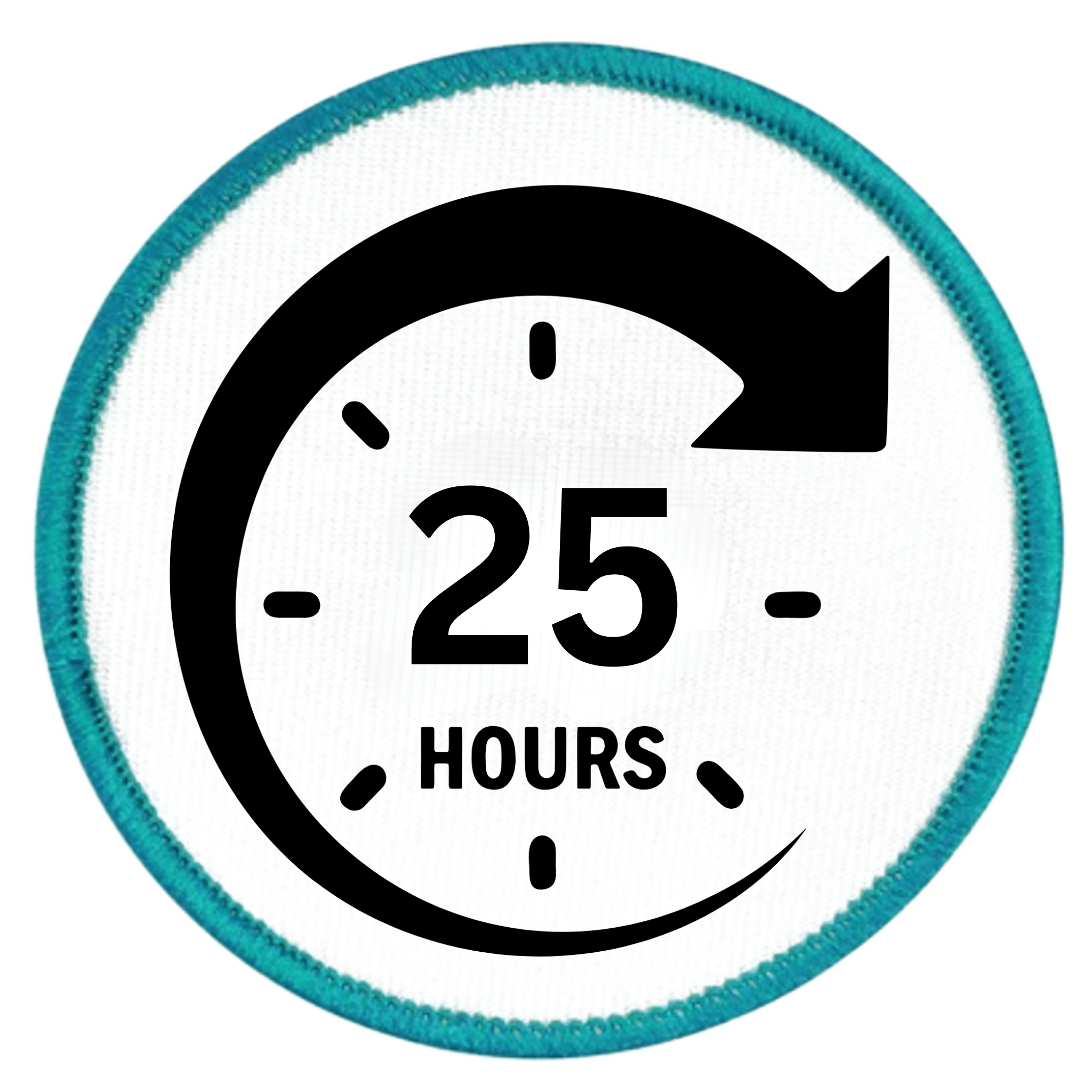 Service Milestone Badge Circular icon with a clock face showing '25 Hours' and an arrow, set against a white background.