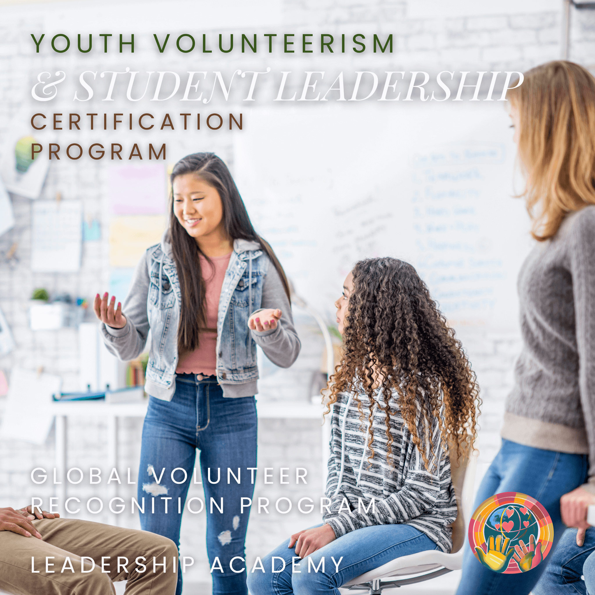 Three women engaged in a conversation with text about youth volunteerism and leadership certification program.