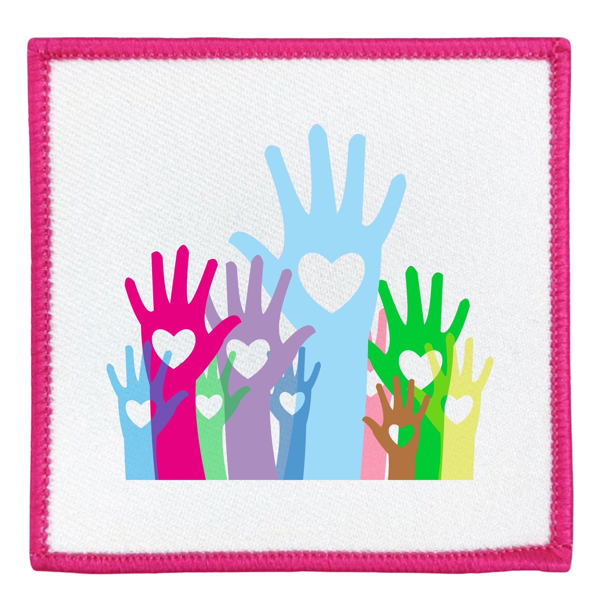 Colorful hands with hearts on a white background with pink border