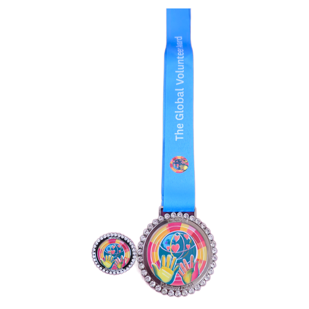 Medal with colorful design and blue ribbon labeled 'The Global Volunteer' on a white background