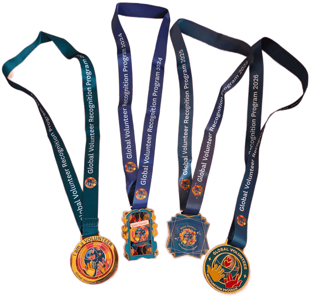 Four medals on lanyards with colorful designs and text on a transparent background