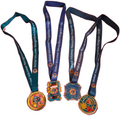 Four medals on lanyards with colorful designs and text on a transparent background