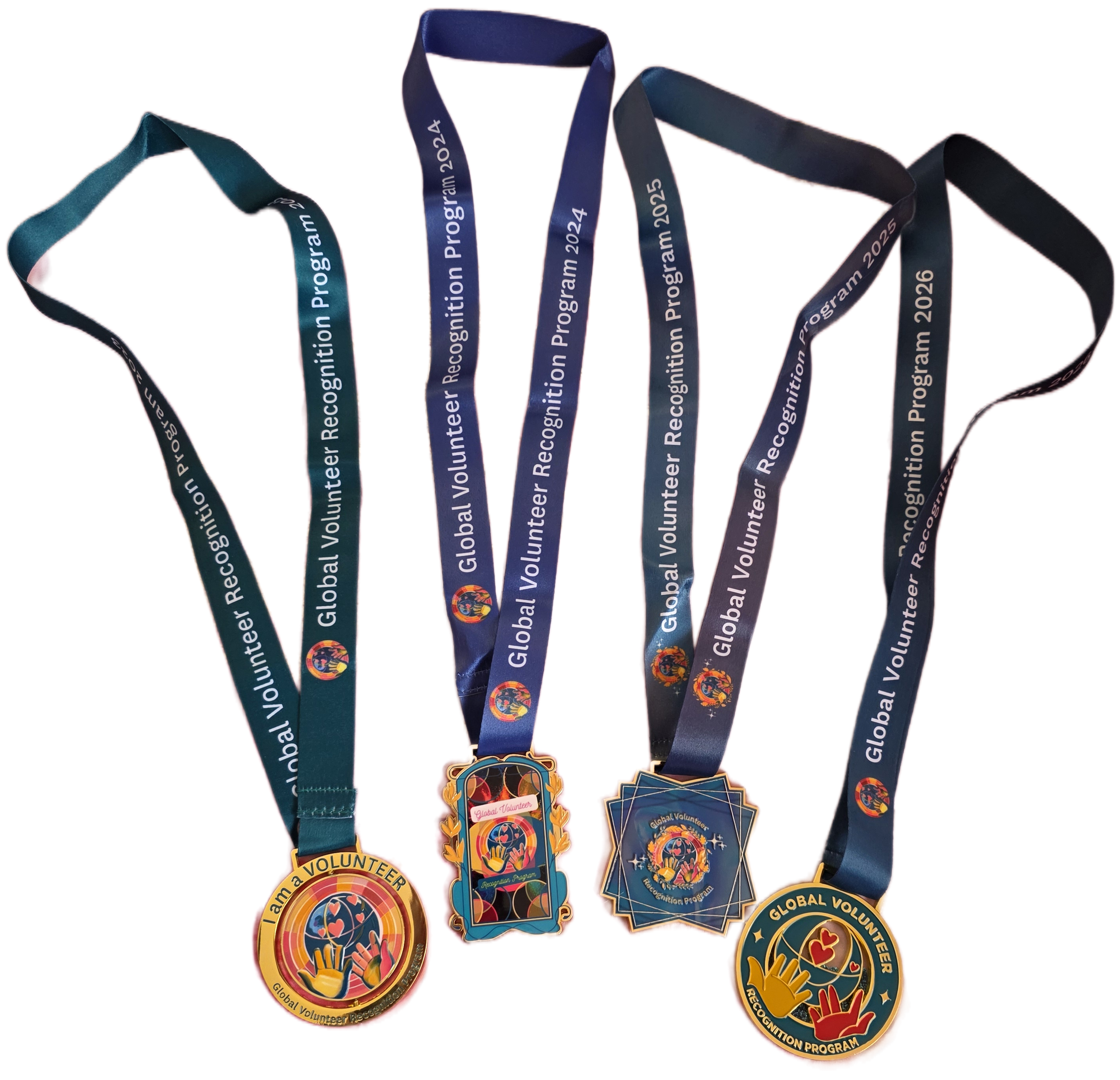 Four medals on lanyards with colorful designs and text on a transparent background