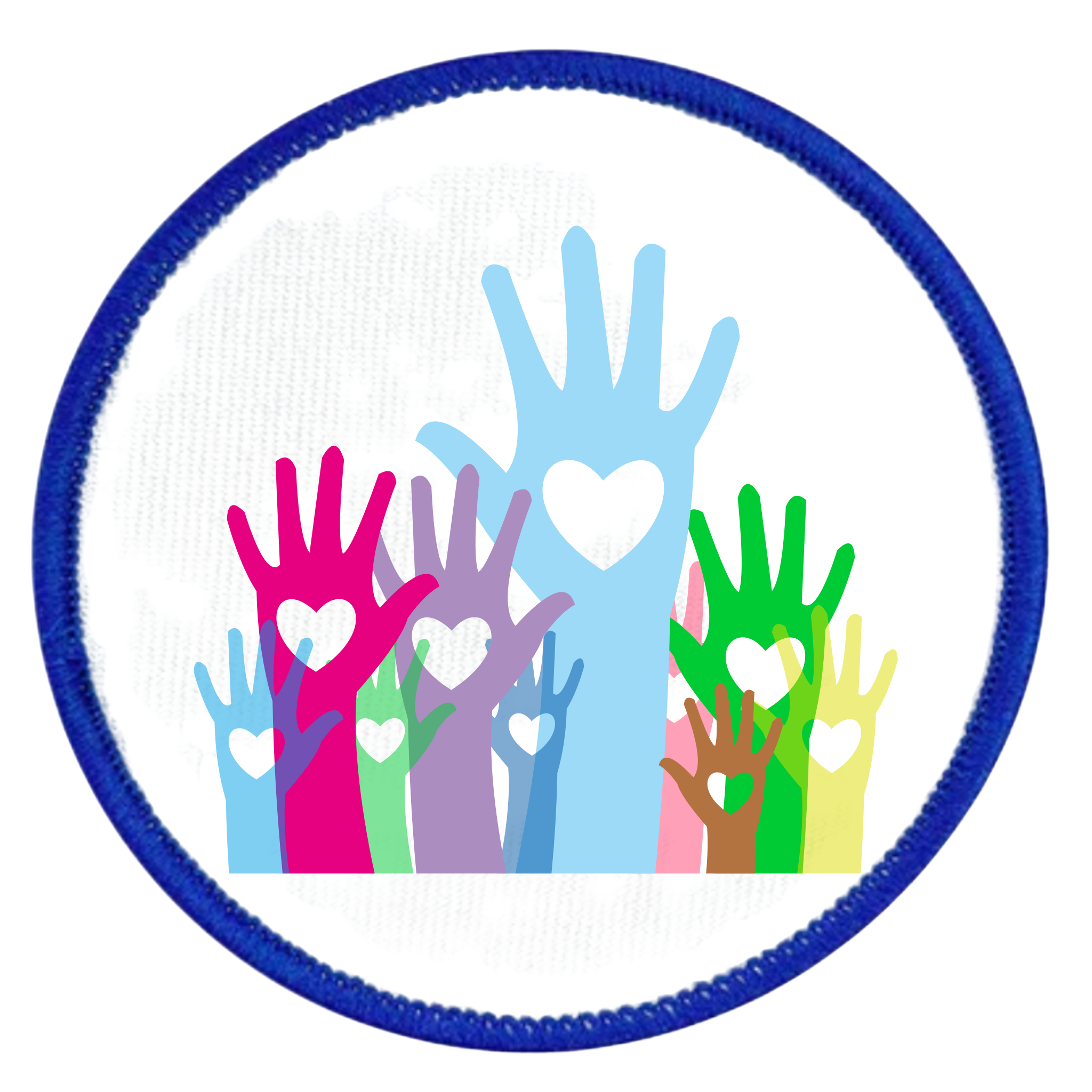 Colorful hands with hearts in a circular design on a white background