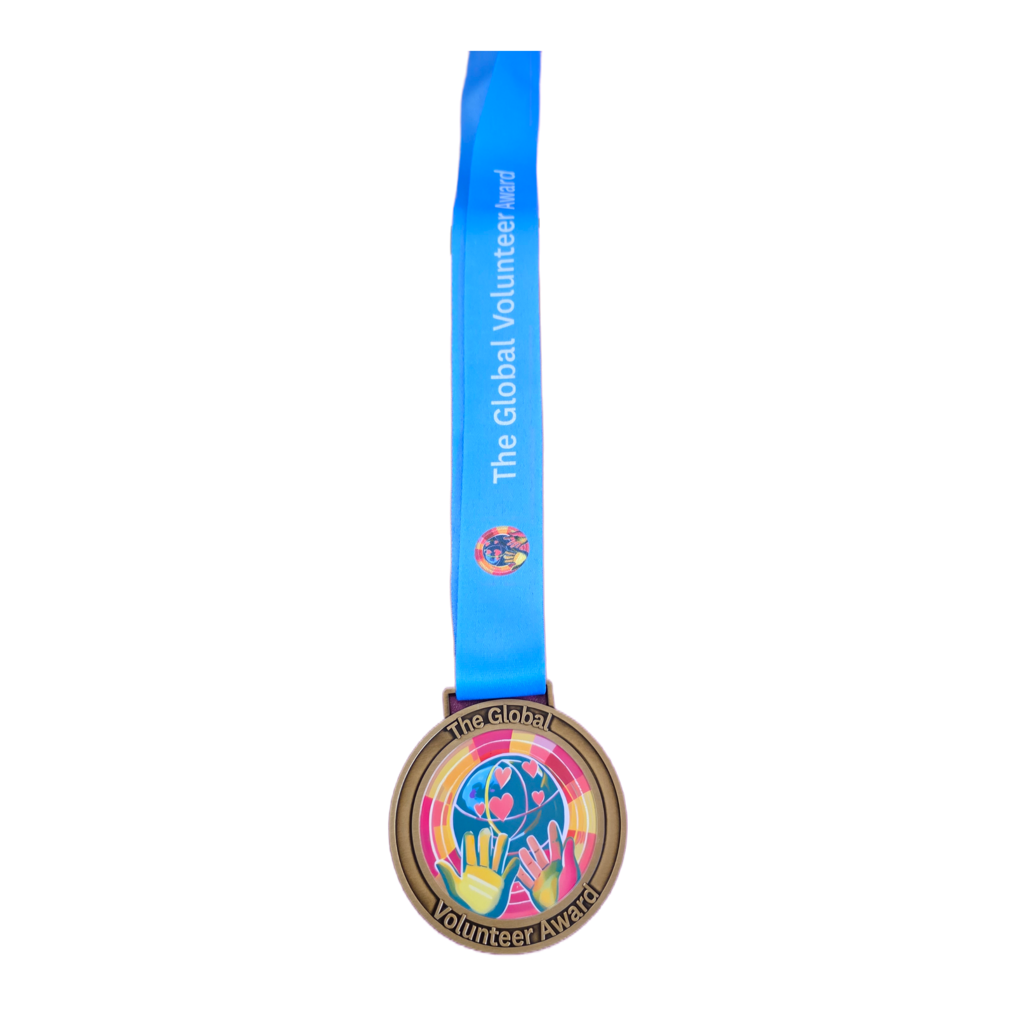 Medal with blue ribbon and 'The Global Volunteer Award' text on a white background