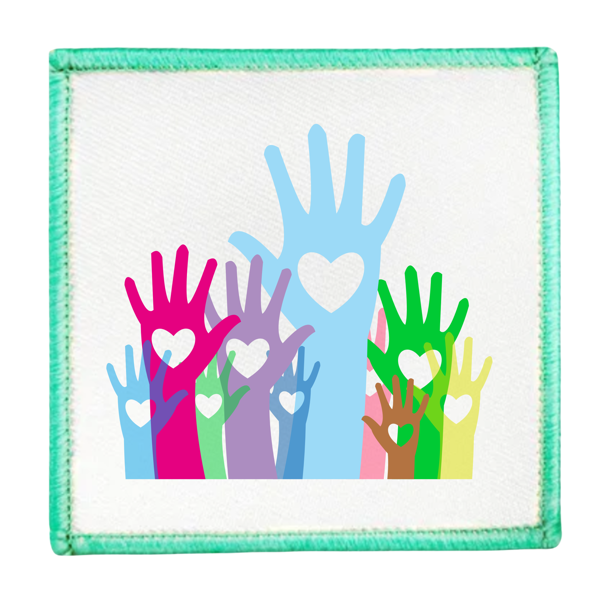 Colorful patch with hands and hearts design on a white background