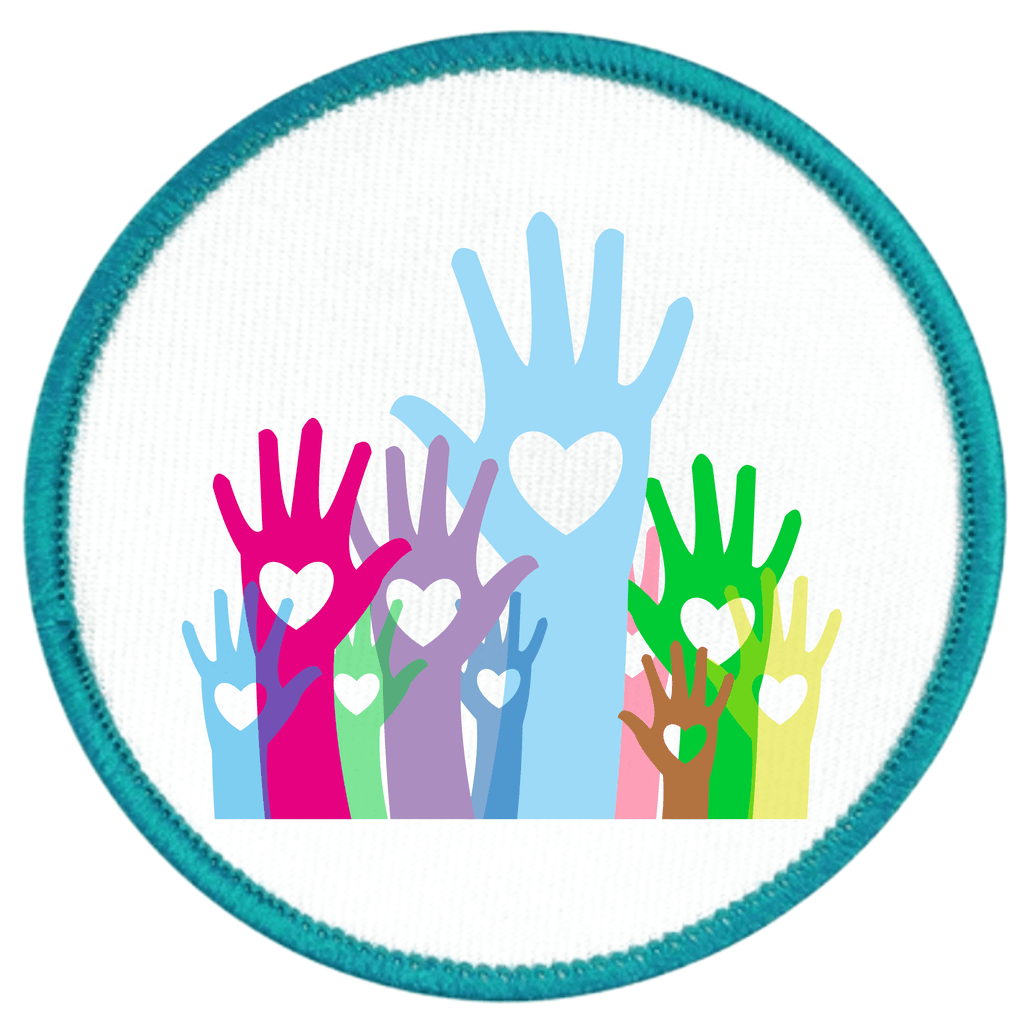 Community Helper Badge Colorful handprints with hearts on a circular patch with a blue border.