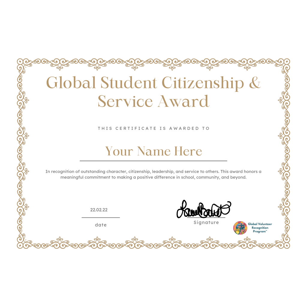 Global Student Citizenship & Service Award | Student Recognition Certificate