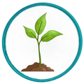 Earth Advocate Badge Illustration of a green plant with a blue circular border on a white background