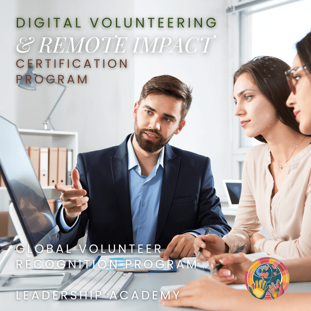 Three people working together on a computer with text about digital volunteering and remote impact certification program.