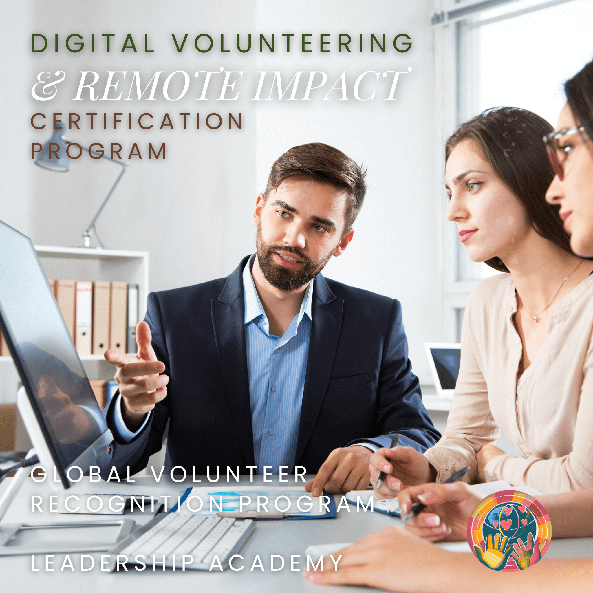 Three people working together on a computer with text about digital volunteering and remote impact certification program.