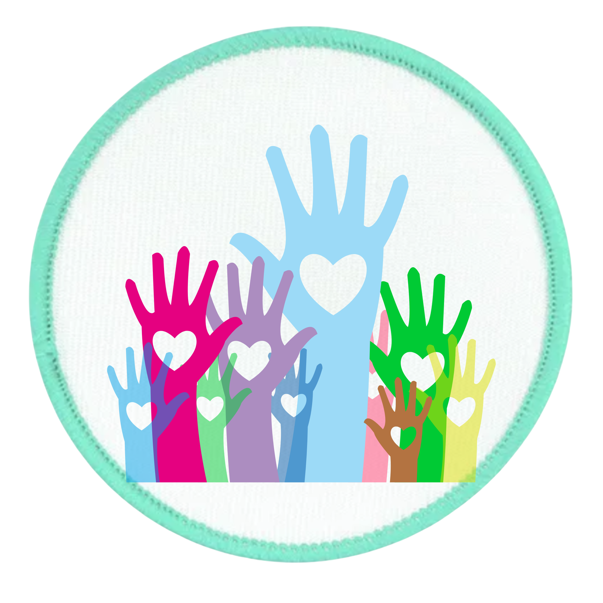 Colorful handprints with hearts on a circular patch