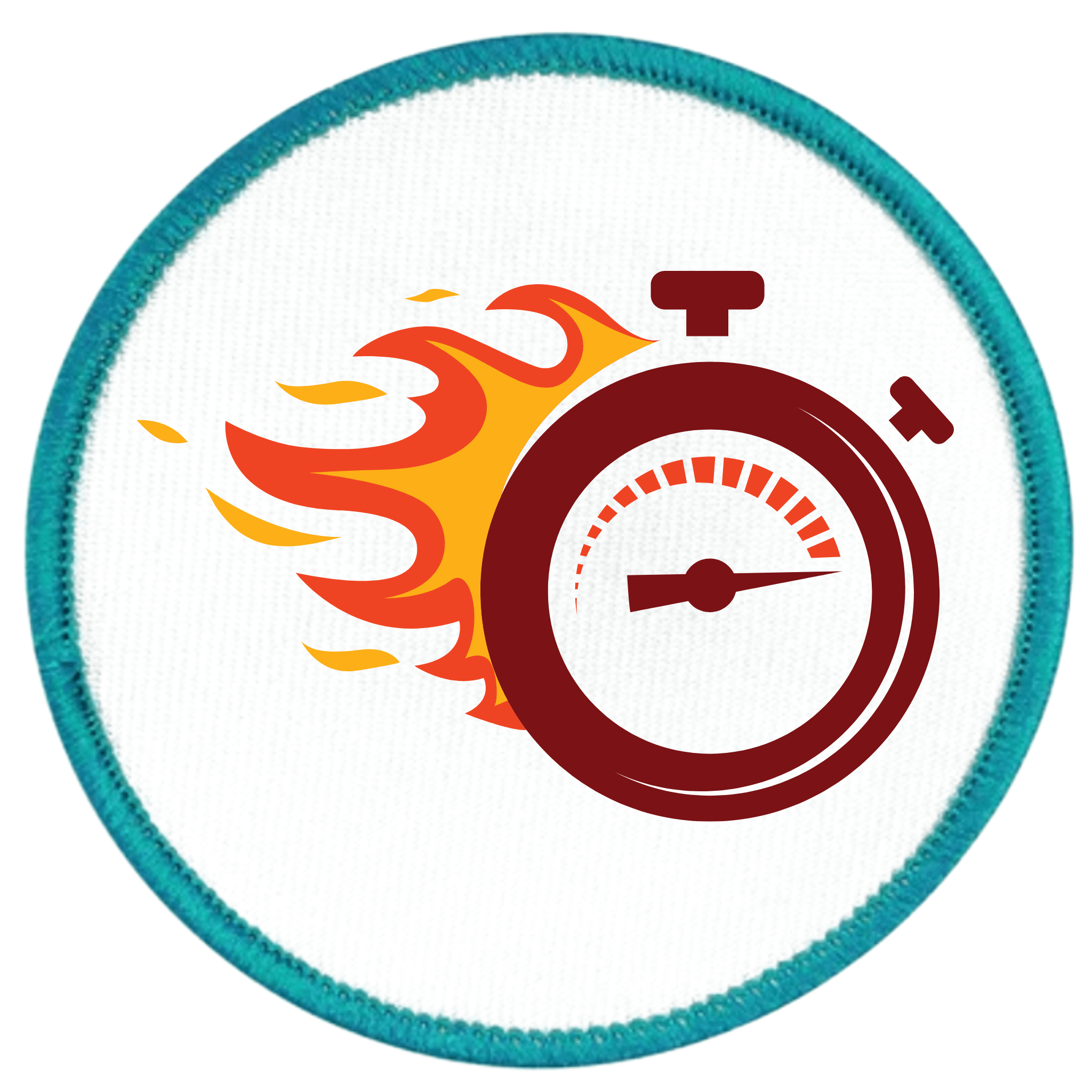 One Week Challenge Badge Circular patch with a stopwatch and flames design on a white background