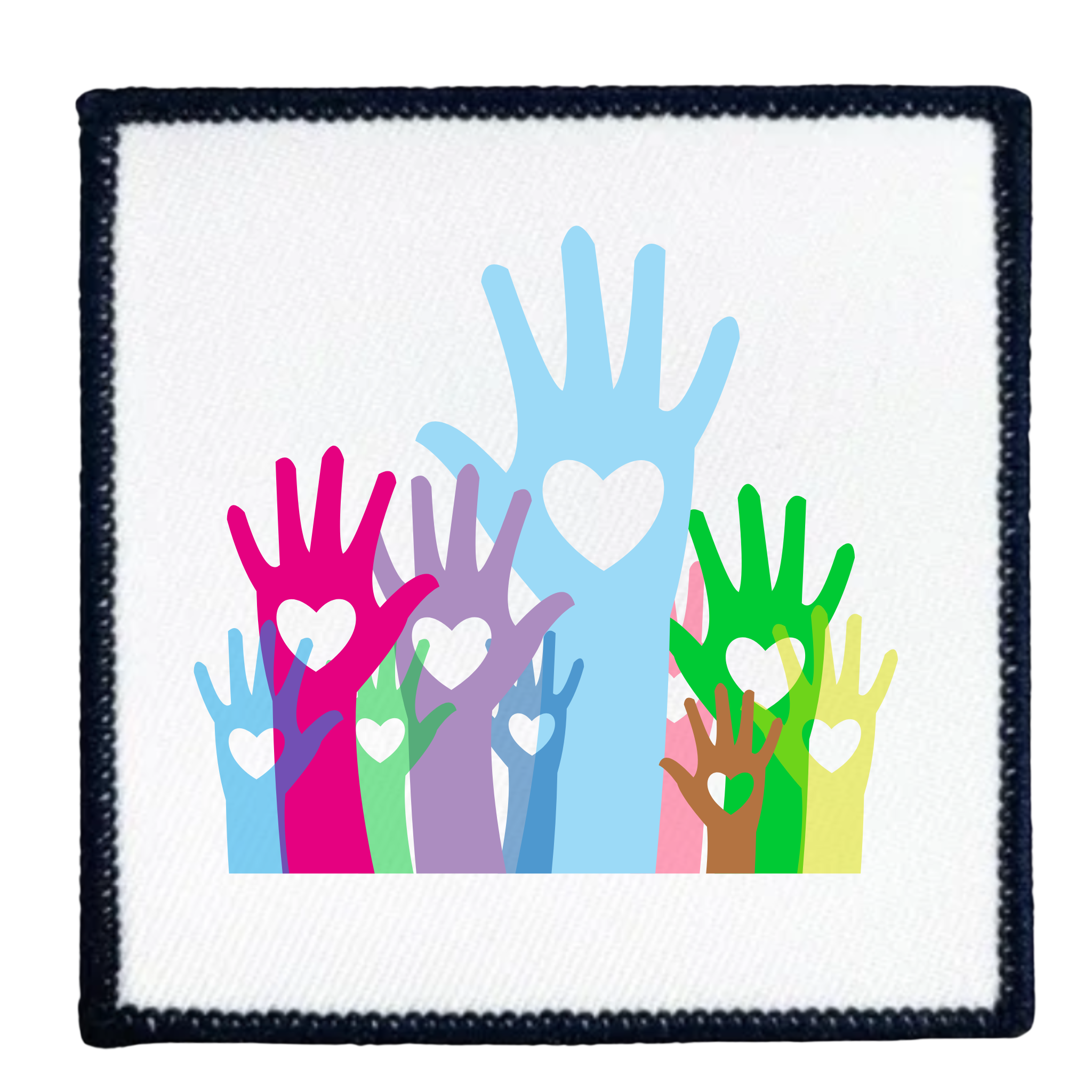 Colorful patch with hands and hearts design on a white background
