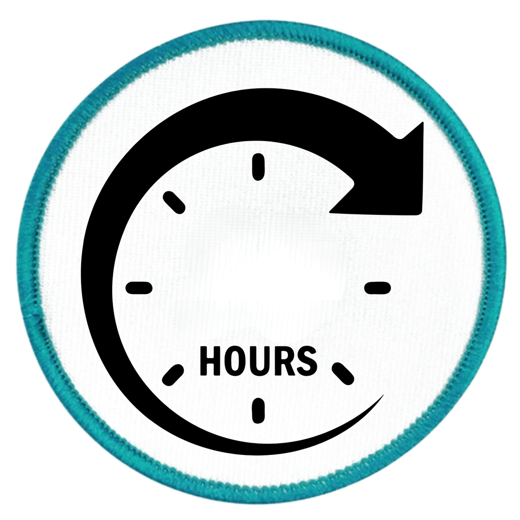 Service Milestone Badge Circular object with clock face design and 'HOURS' text on a white background