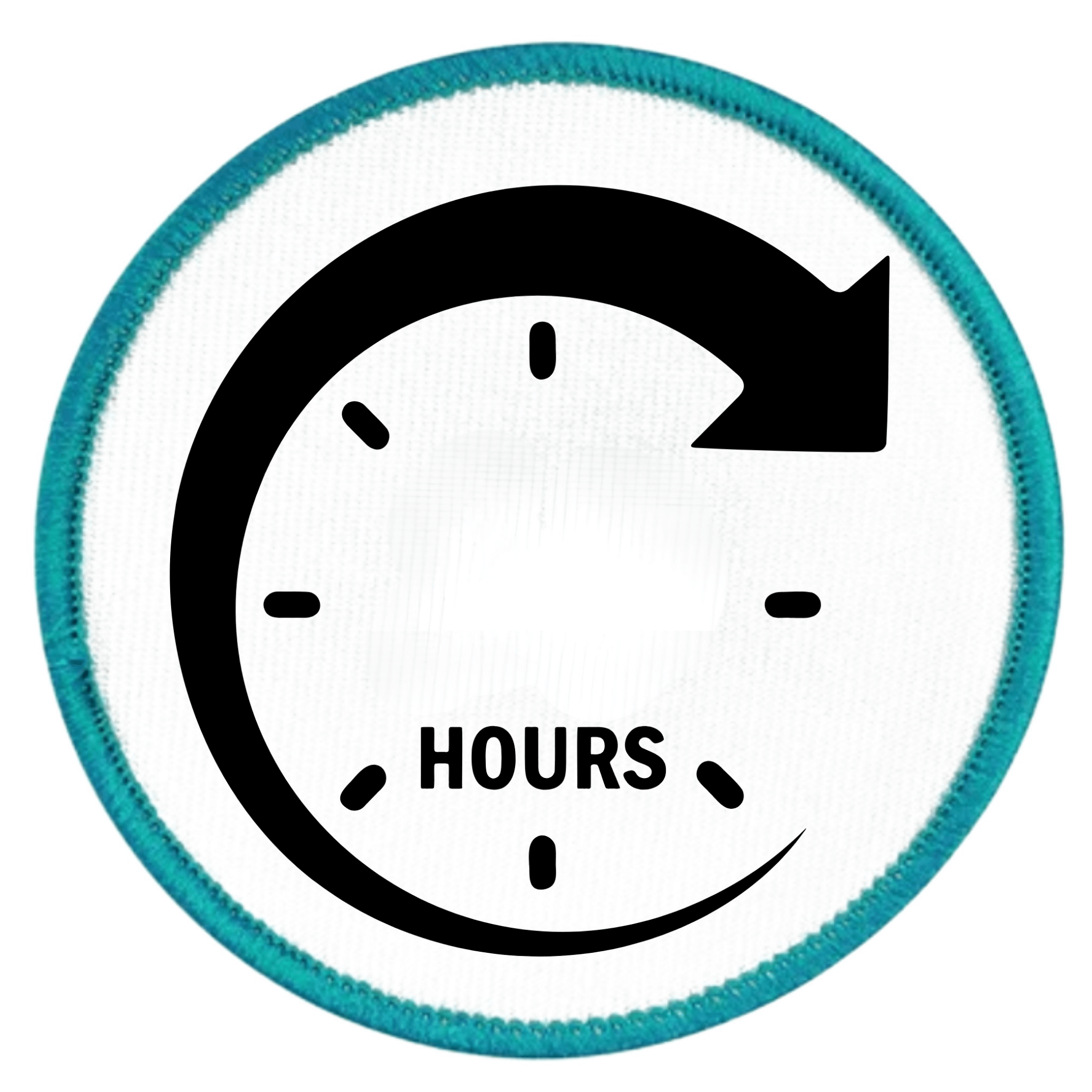 Service Milestone Badge Circular object with clock face design and 'HOURS' text on a white background