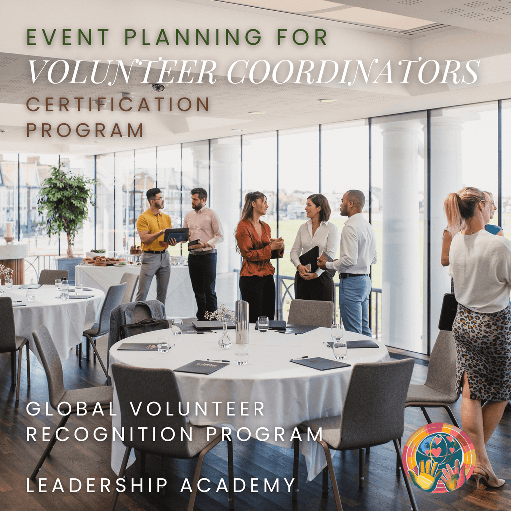 Group of people in a meeting room with event planning and certification program text overlay.