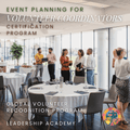 Event Planning for Volunteer Coordinators Certification Program Group of people in a meeting room with event planning and certification program text overlay.