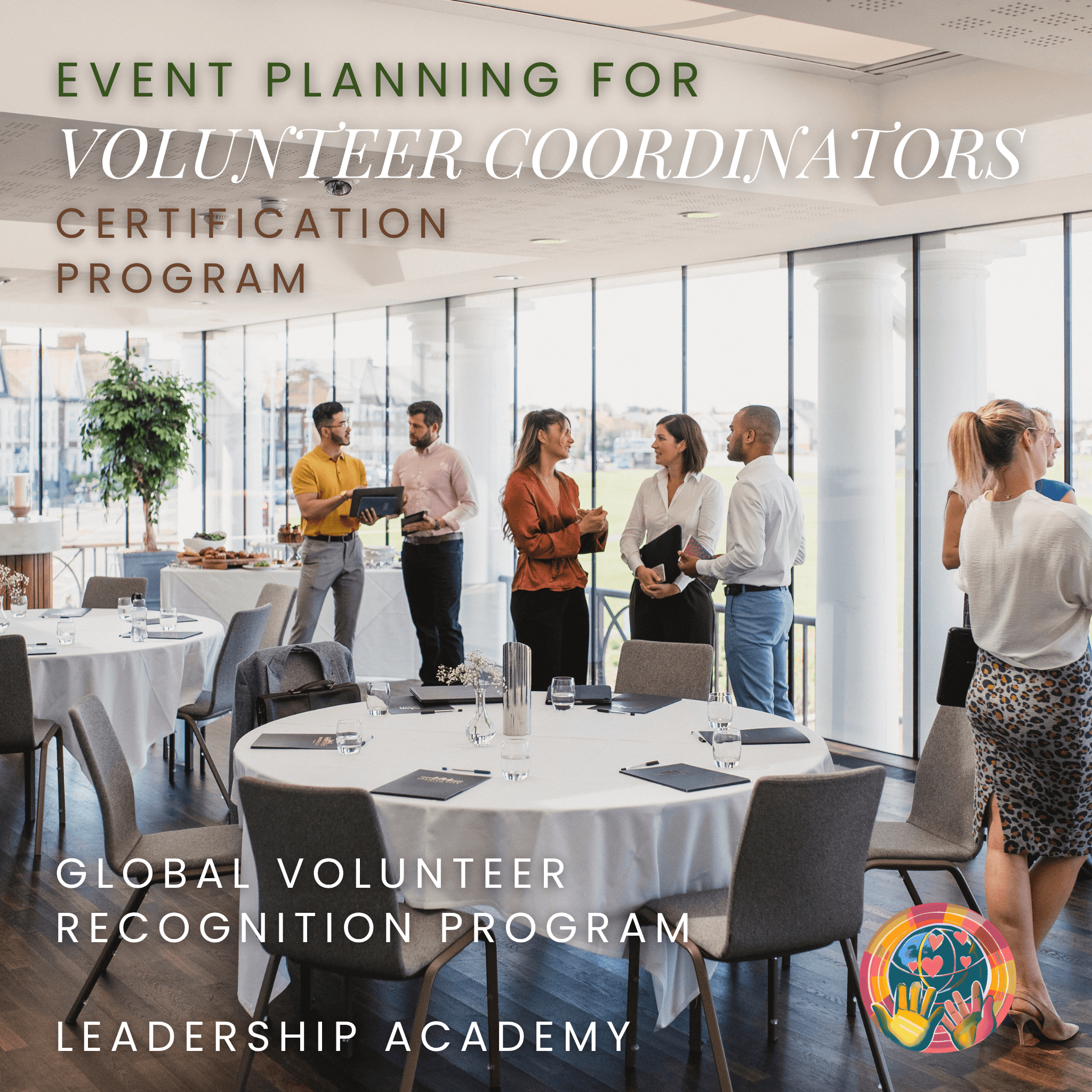 Group of people in a meeting room with event planning and certification program text overlay.
