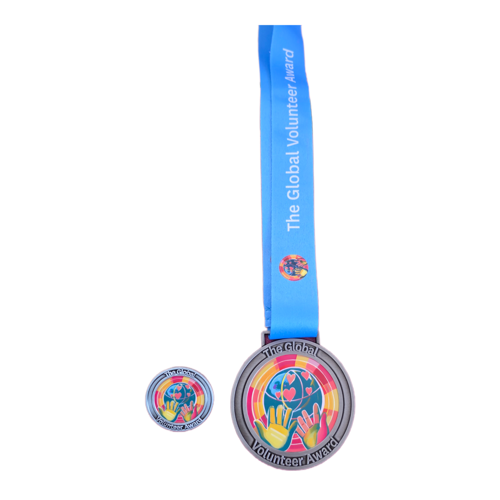Medal with blue ribbon and colorful design on a white background