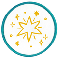 Holiday Helper Badge Round patch with yellow star design and teal border on white background