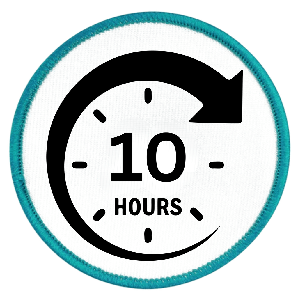 Service Milestone Badge Circular icon with a clock face showing '10 Hours' and an arrow, set against a white background.