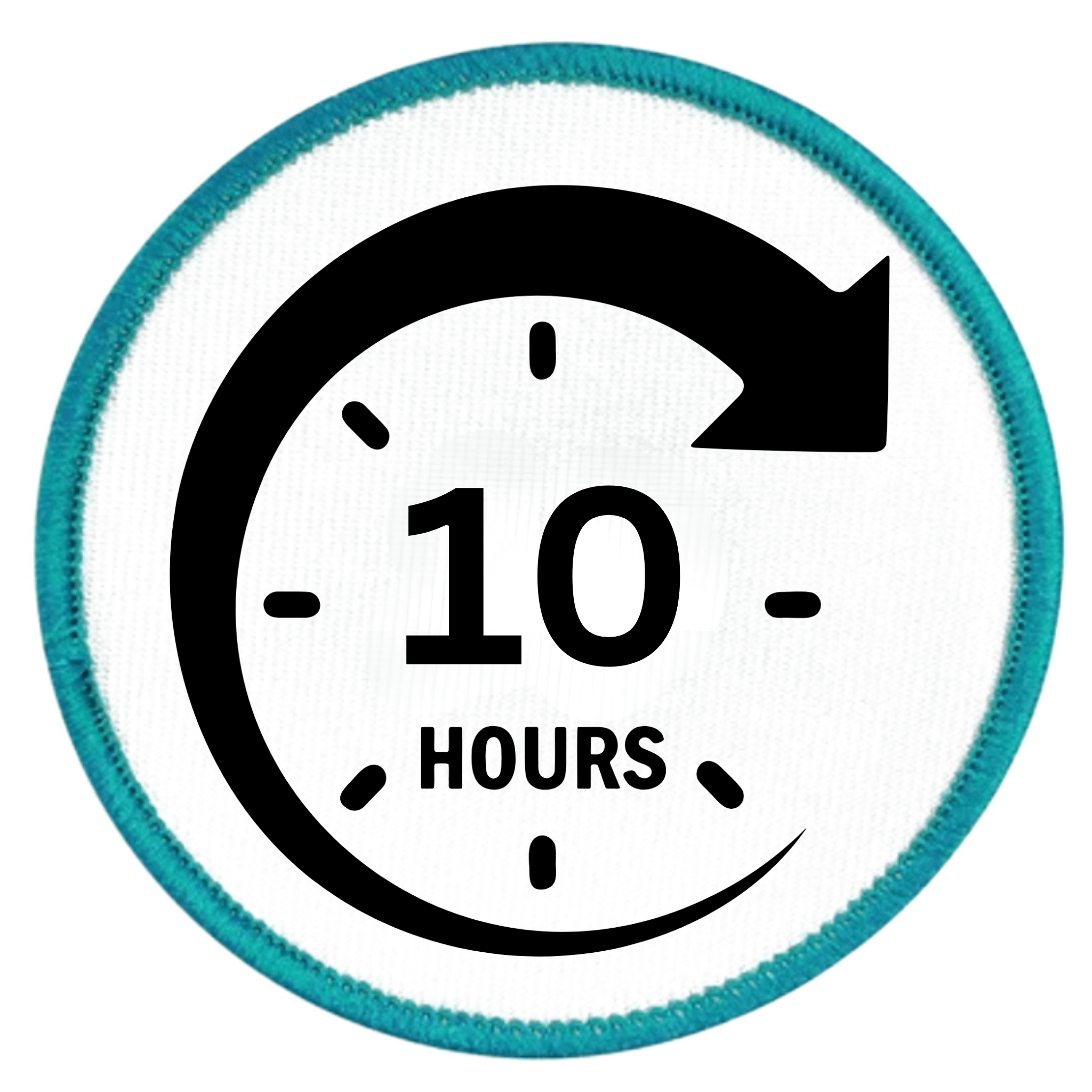 Service Milestone Badge Circular icon with a clock face showing '10 Hours' and an arrow, set against a white background.