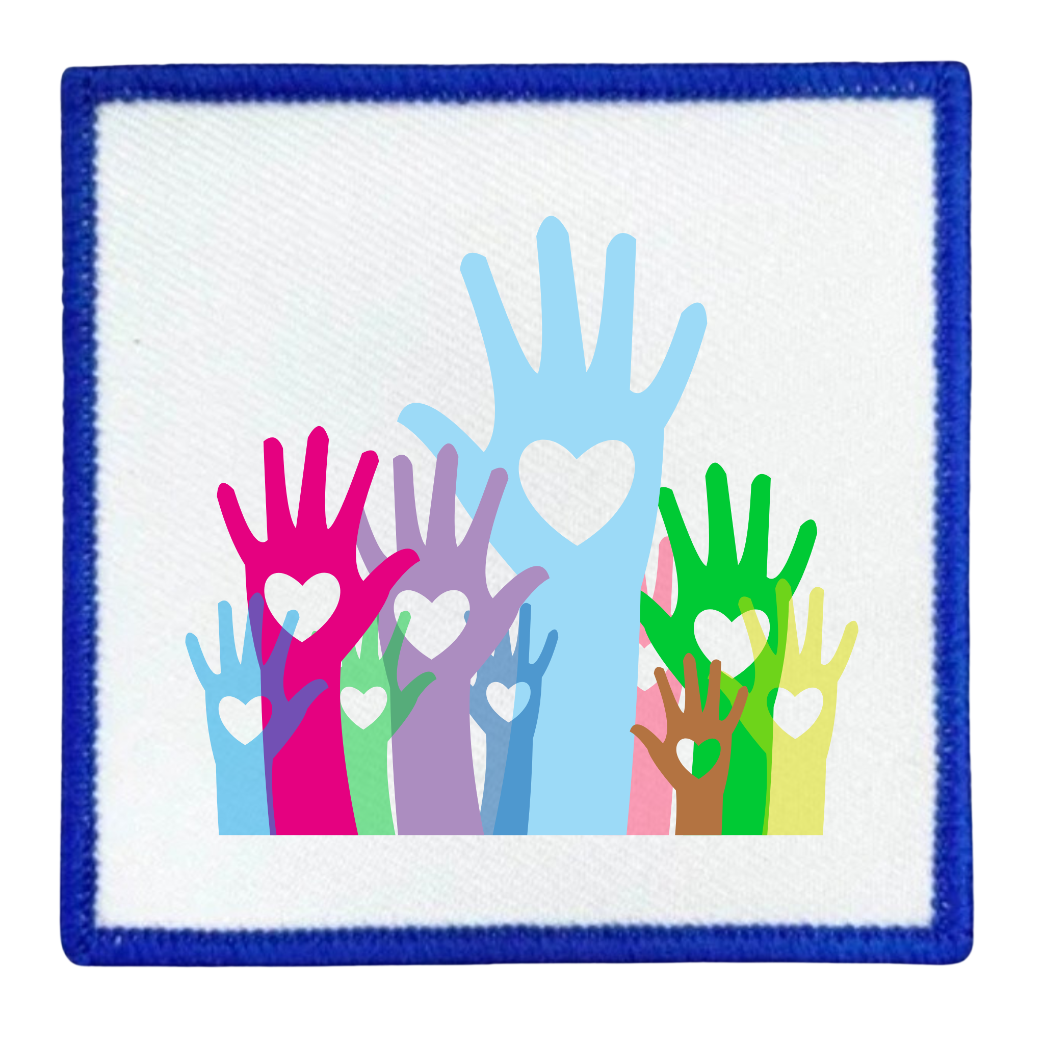 Colorful patch with hands and hearts design on a white background