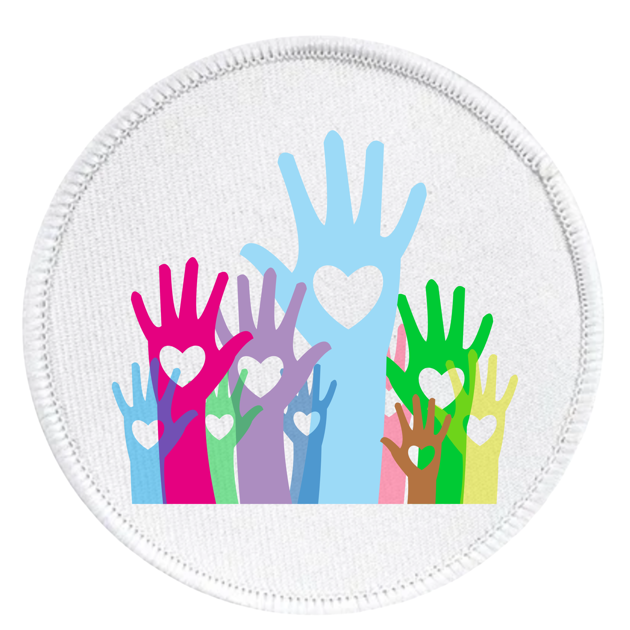 Colorful patch with hands and hearts on a white background