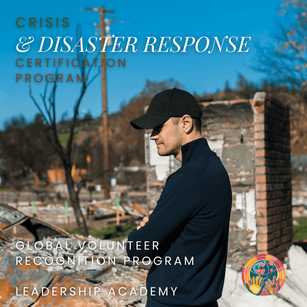 Man in a black cap and jacket standing in front of a destroyed building with text about crisis and disaster response certification program.