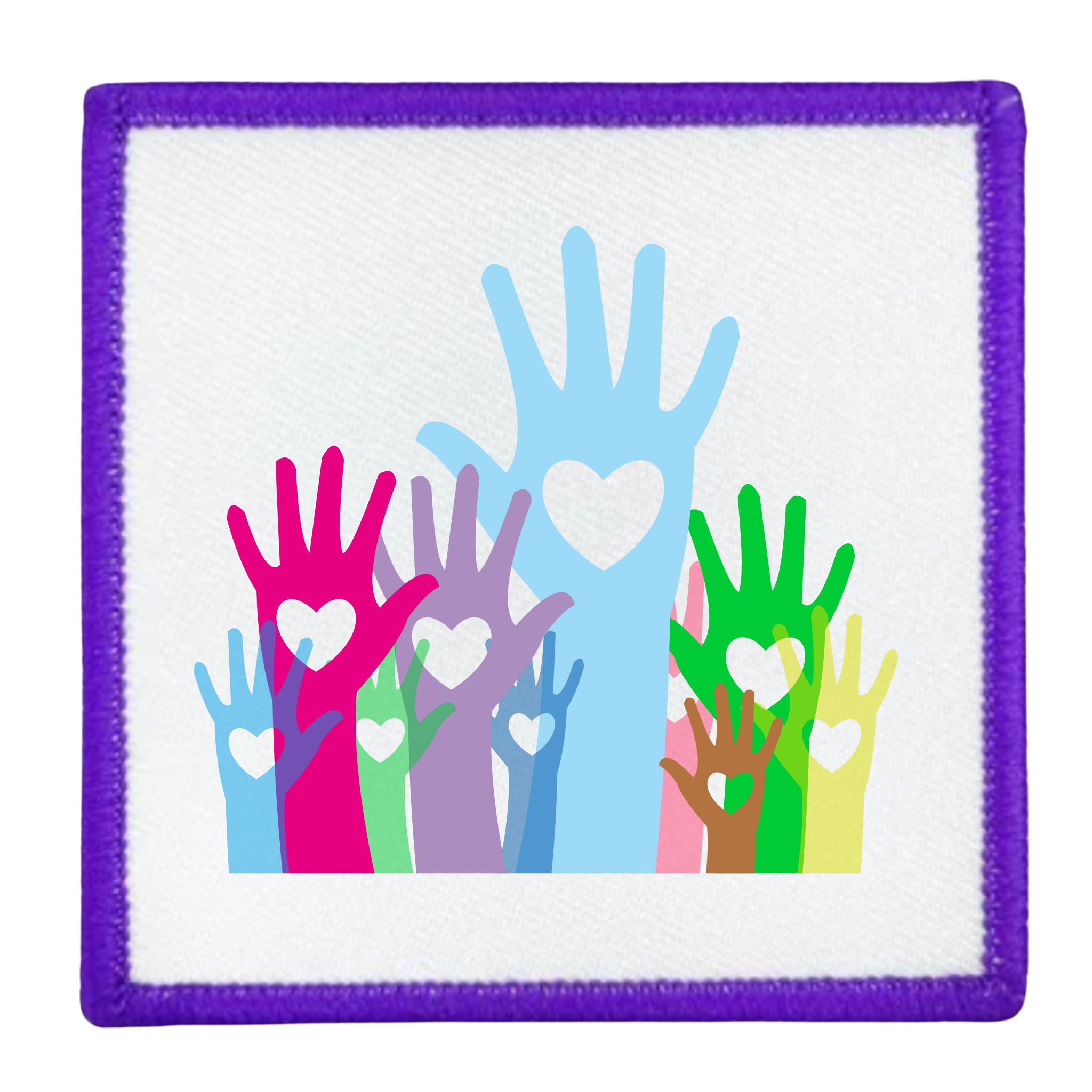 Colorful patch with hands and hearts on a white background