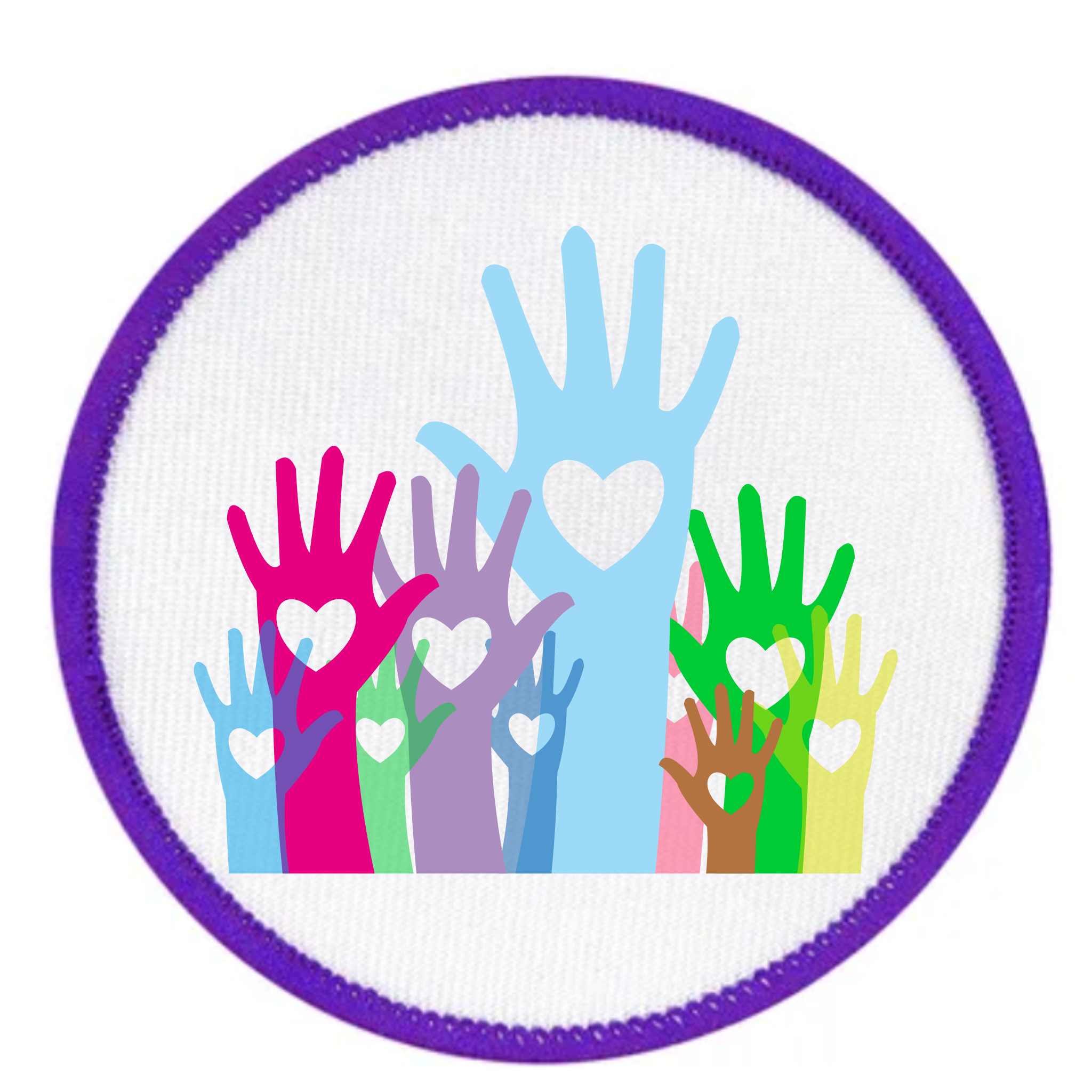 Colorful hand prints with hearts in a circular patch on a white background