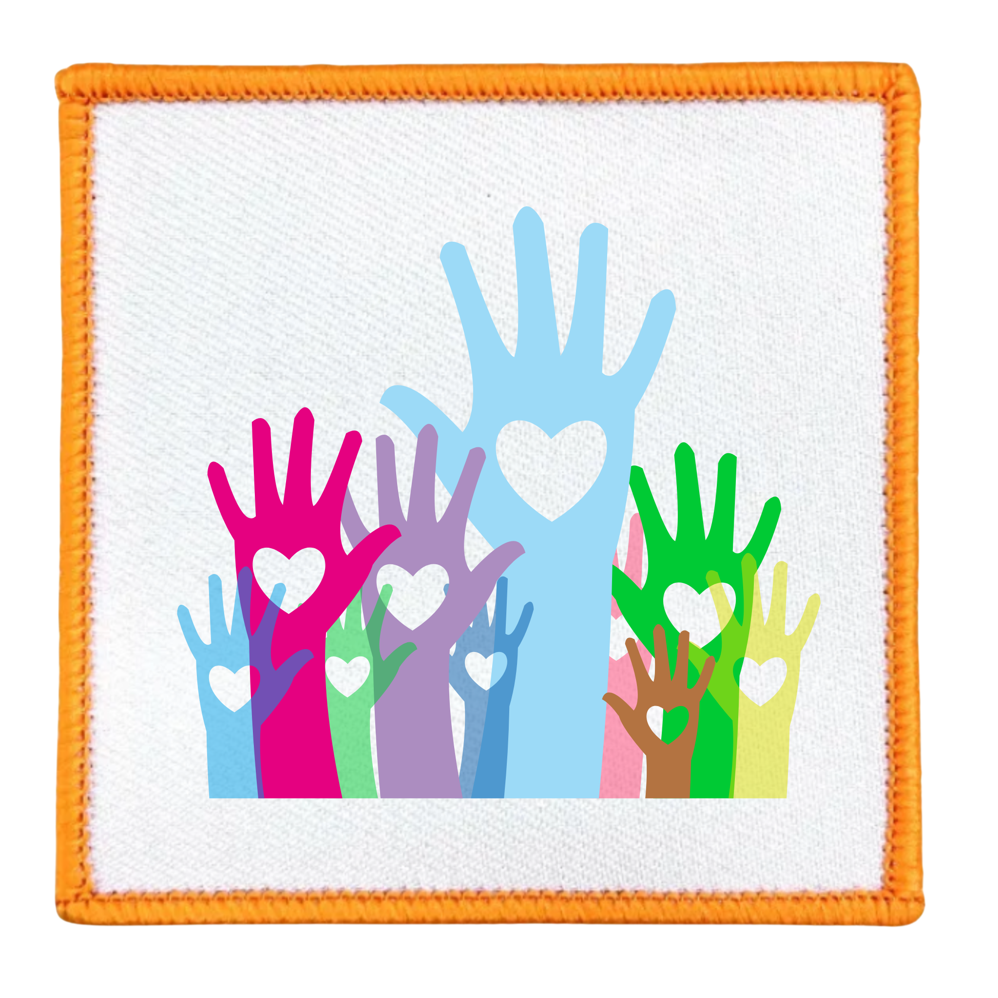 Colorful hands with hearts in the center on a white background with an orange border.