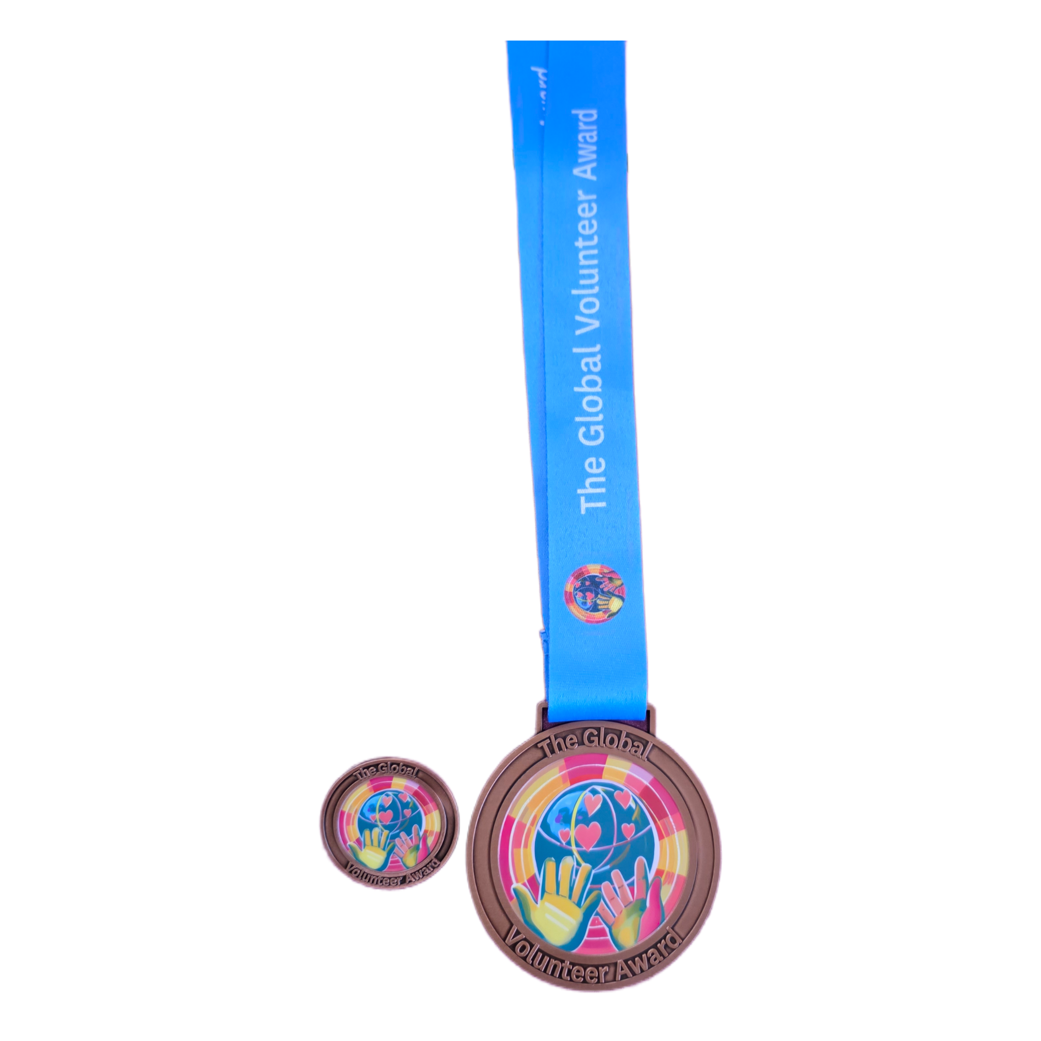 Medal with blue ribbon and colorful design on a white background