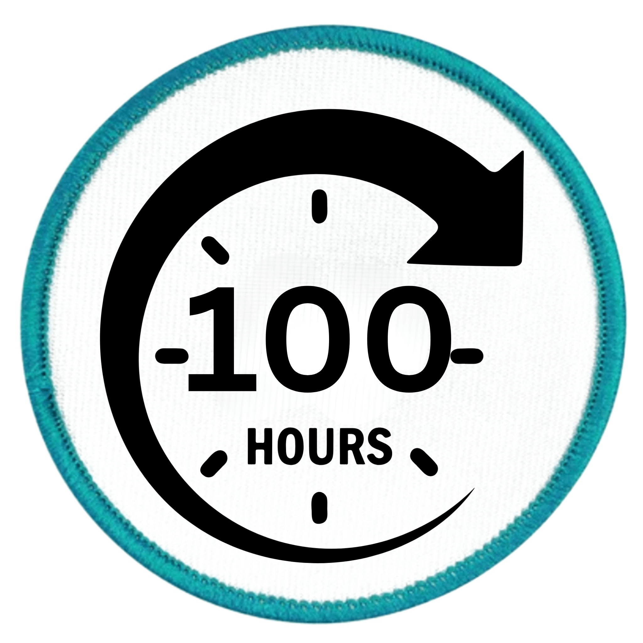 Service Milestone Badge Circular patch with a clock design and '-100 Hours' text on a white background