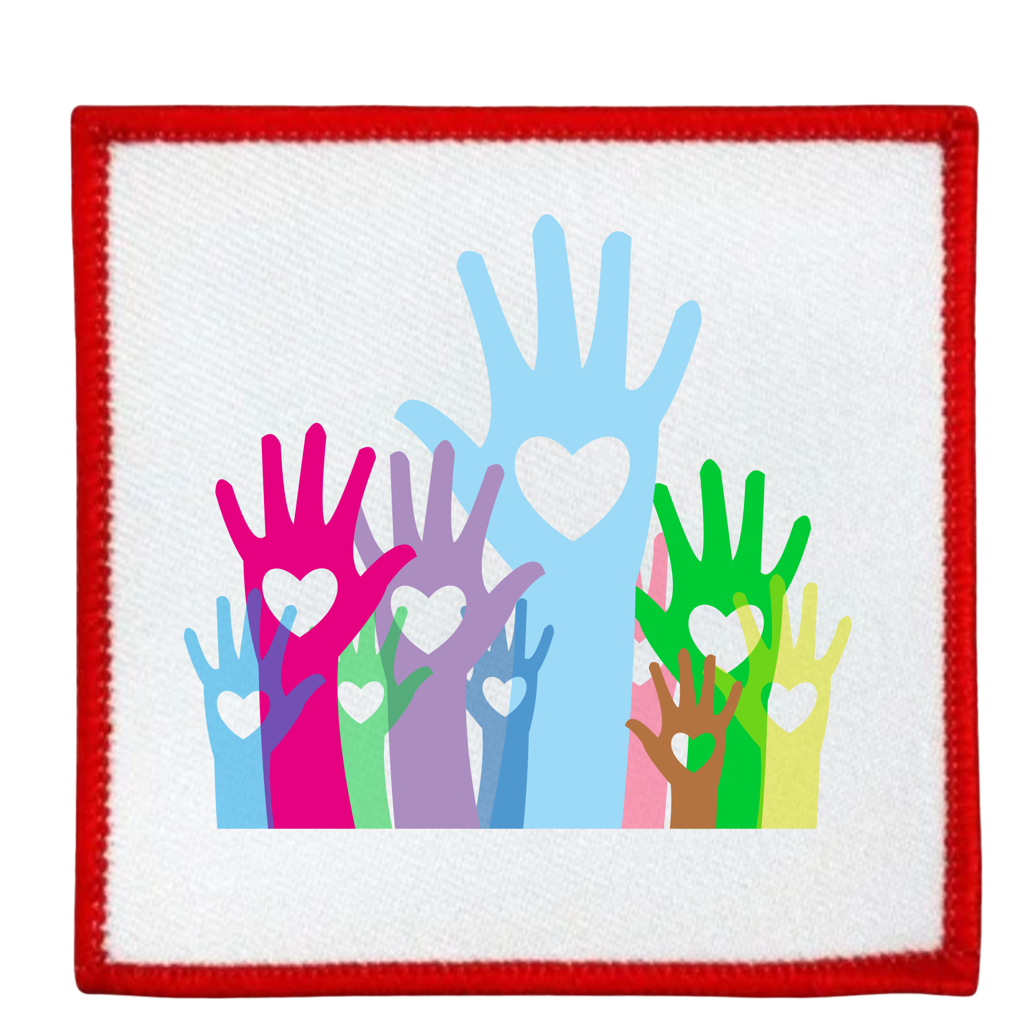 Colorful patch with hands and hearts design on a white background
