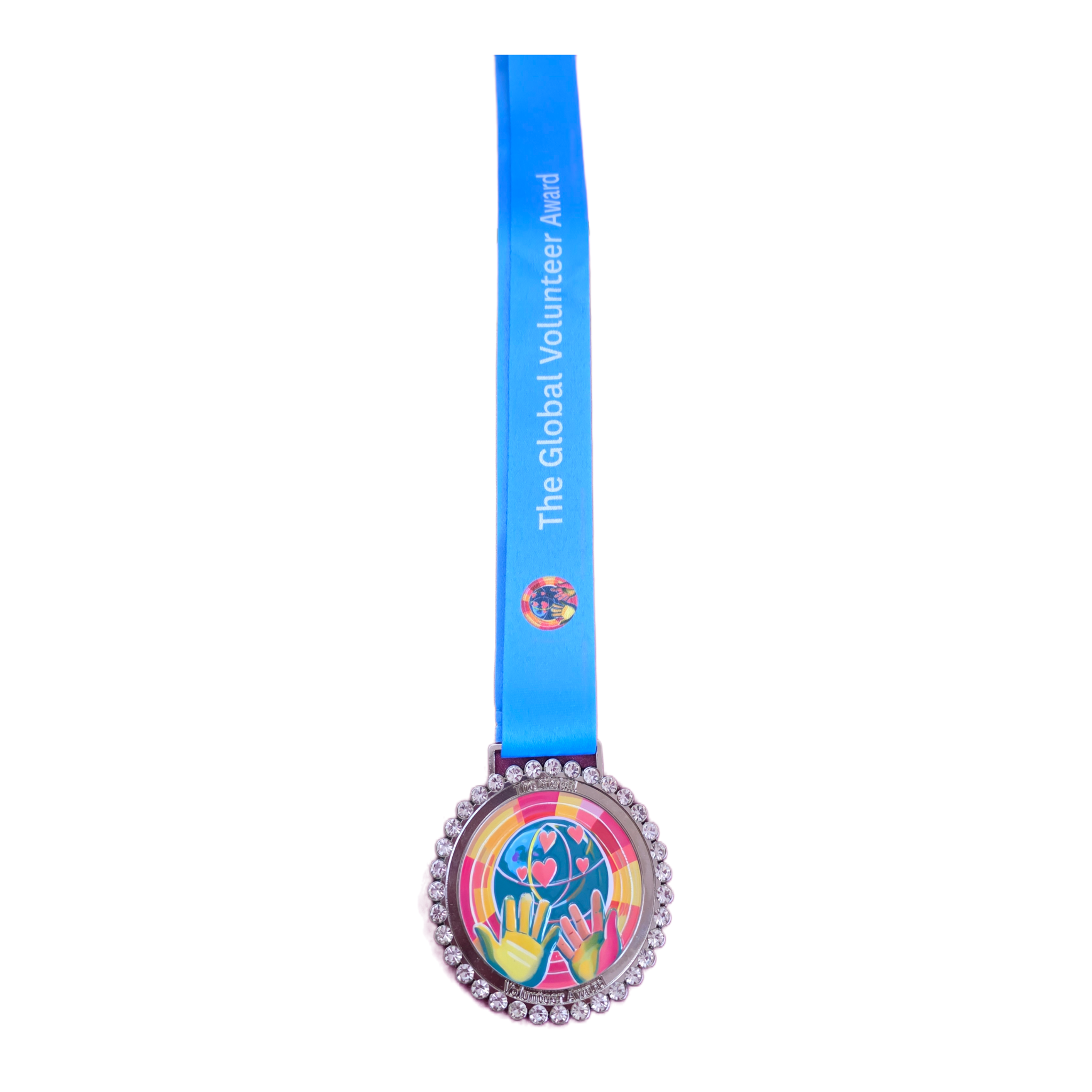 Medal with colorful design and blue ribbon on a white background