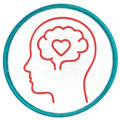 Mental Health Champion Badge Outline of a head with a heart in the brain on a white background