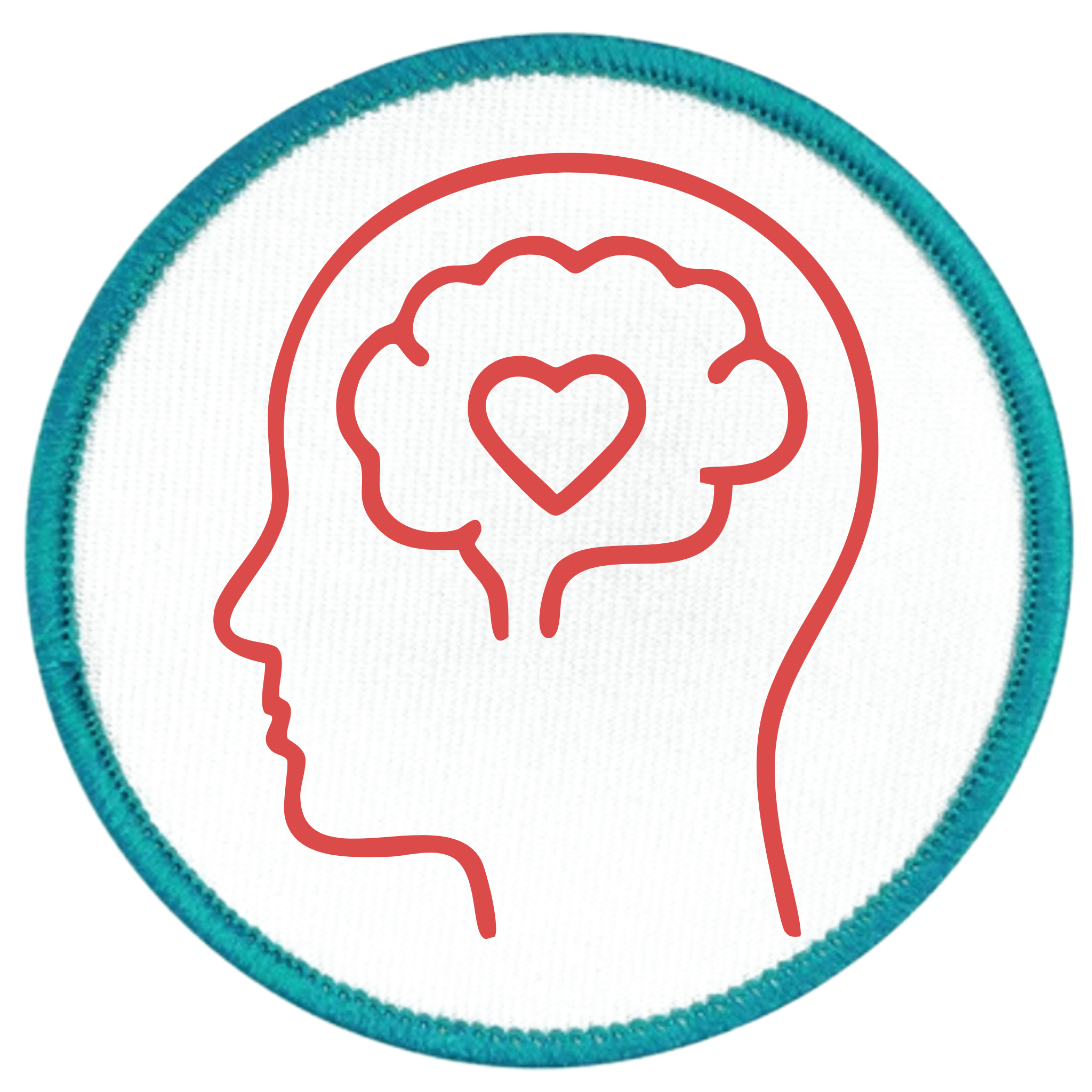Mental Health Champion Badge Outline of a head with a heart in the brain on a white background