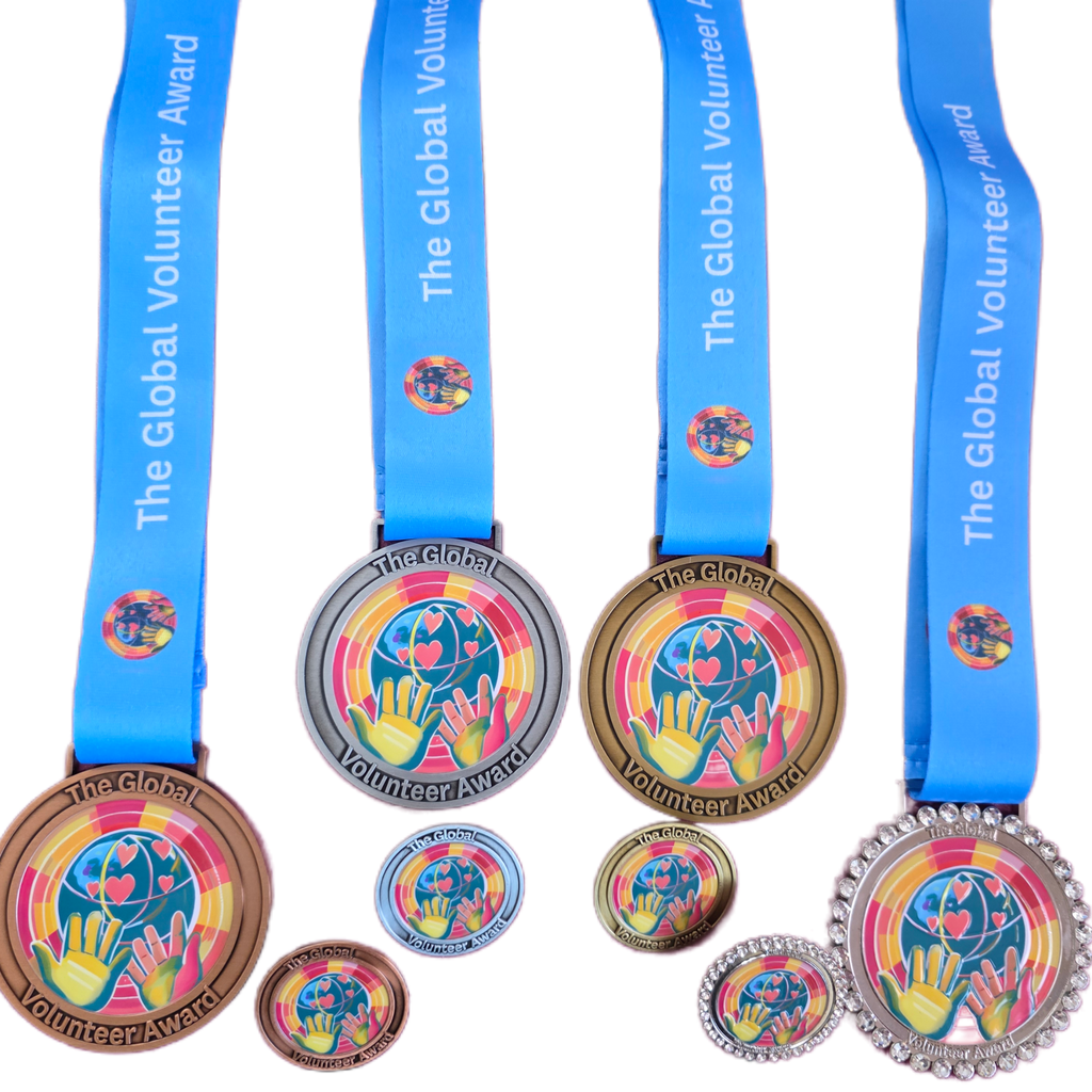 Set of medals with blue ribbons and colorful volunteer award symbols on a white background