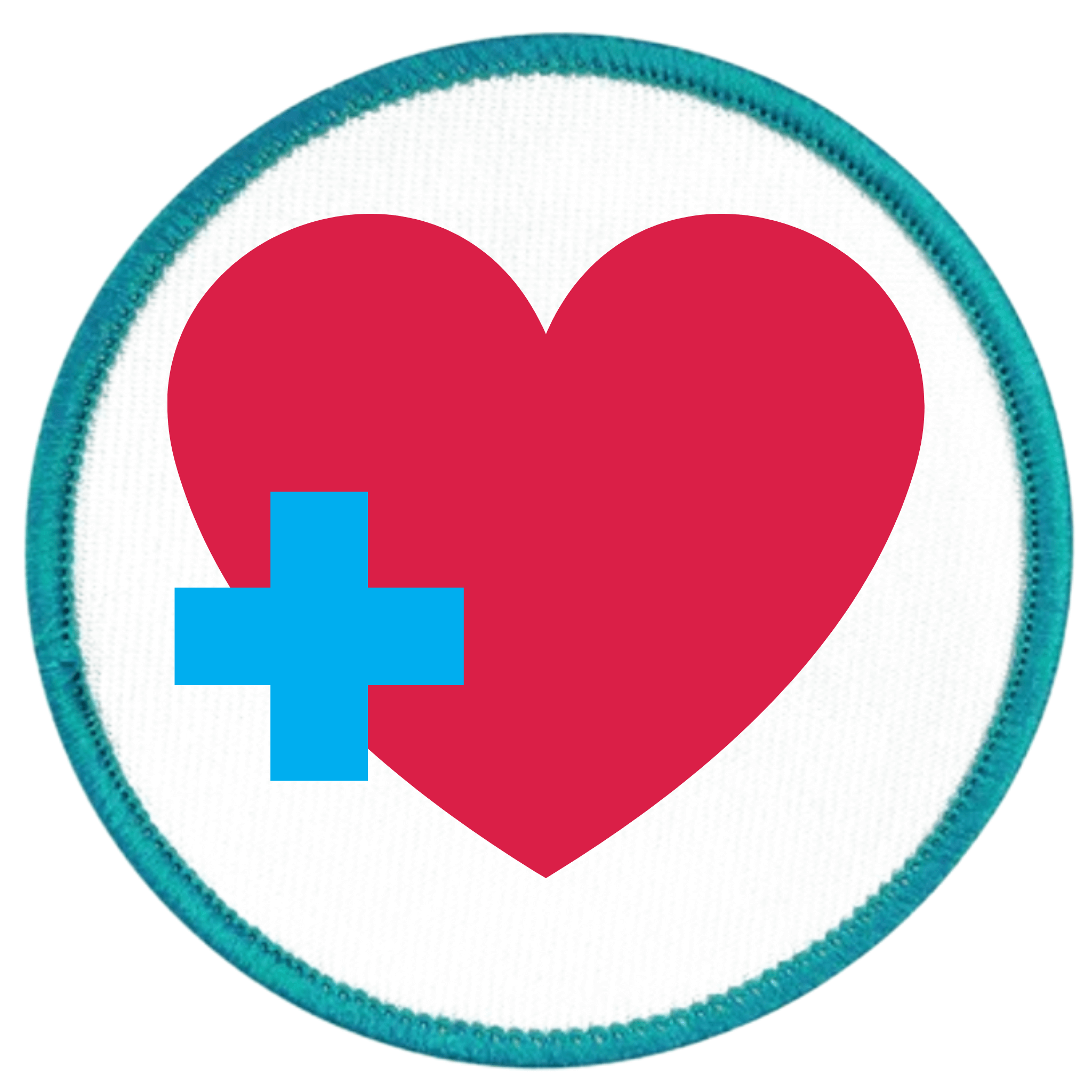 Health Supporter Badge Red heart with a blue cross inside a teal circle on a white background