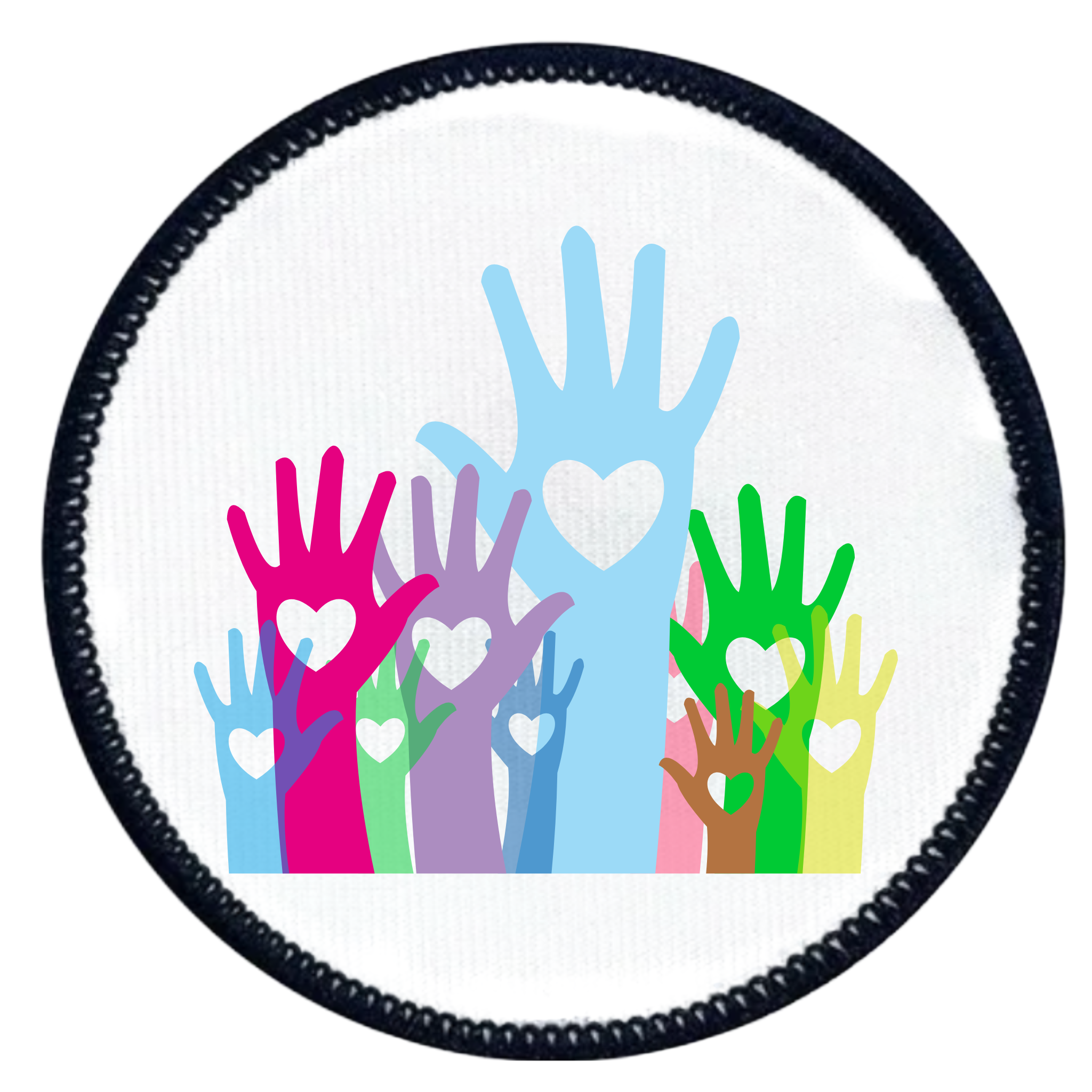 Round disc with colorful hand designs and hearts on a white background