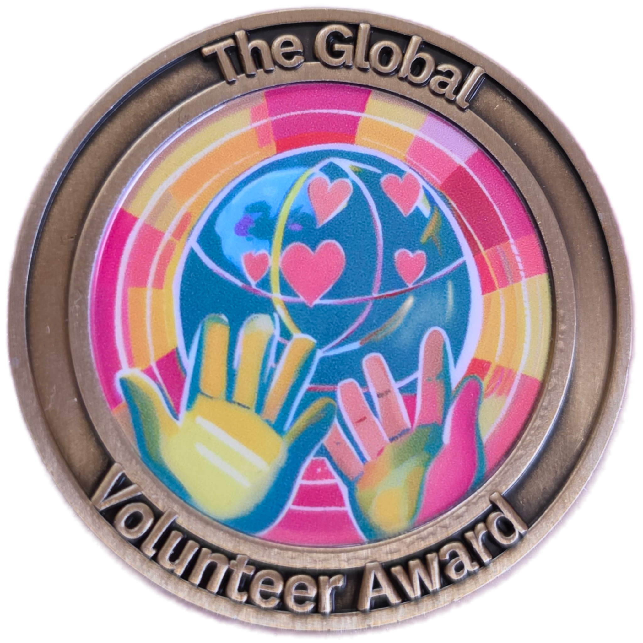 Circular award with colorful design of hands and hearts, featuring 'The Global Volunteer Award' text.