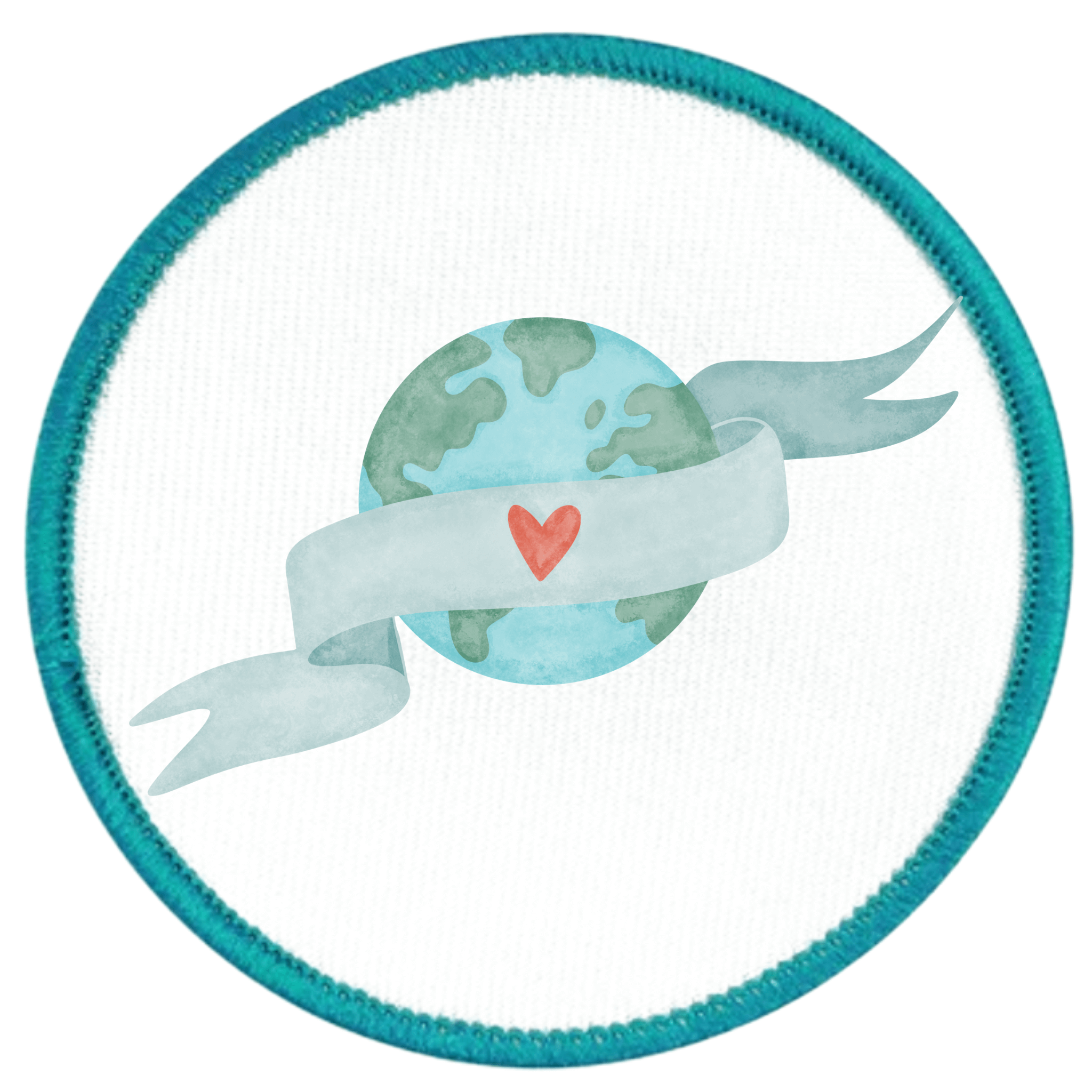 Global Impact Badge Teal frisbee with a globe and red heart on a white background