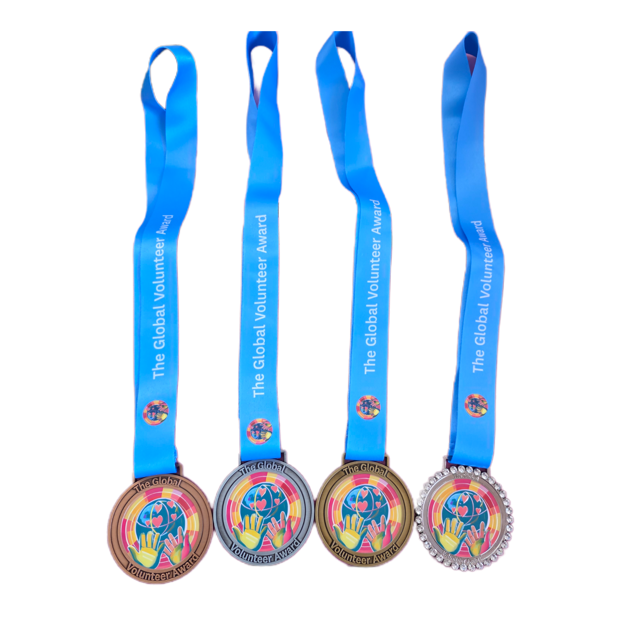 Four blue ribbons with colorful medals on a white background