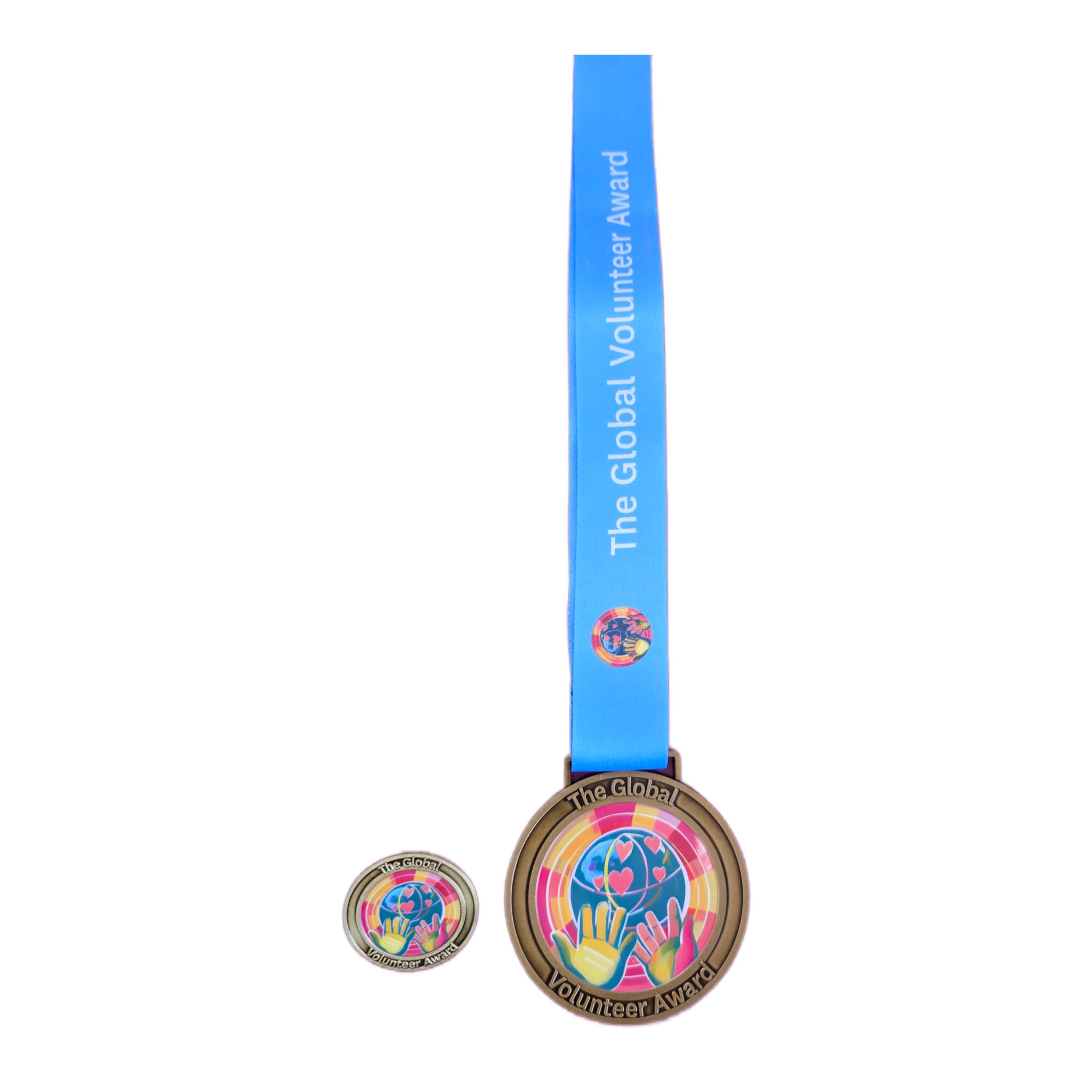 Medal with blue ribbon and colorful design on a white background