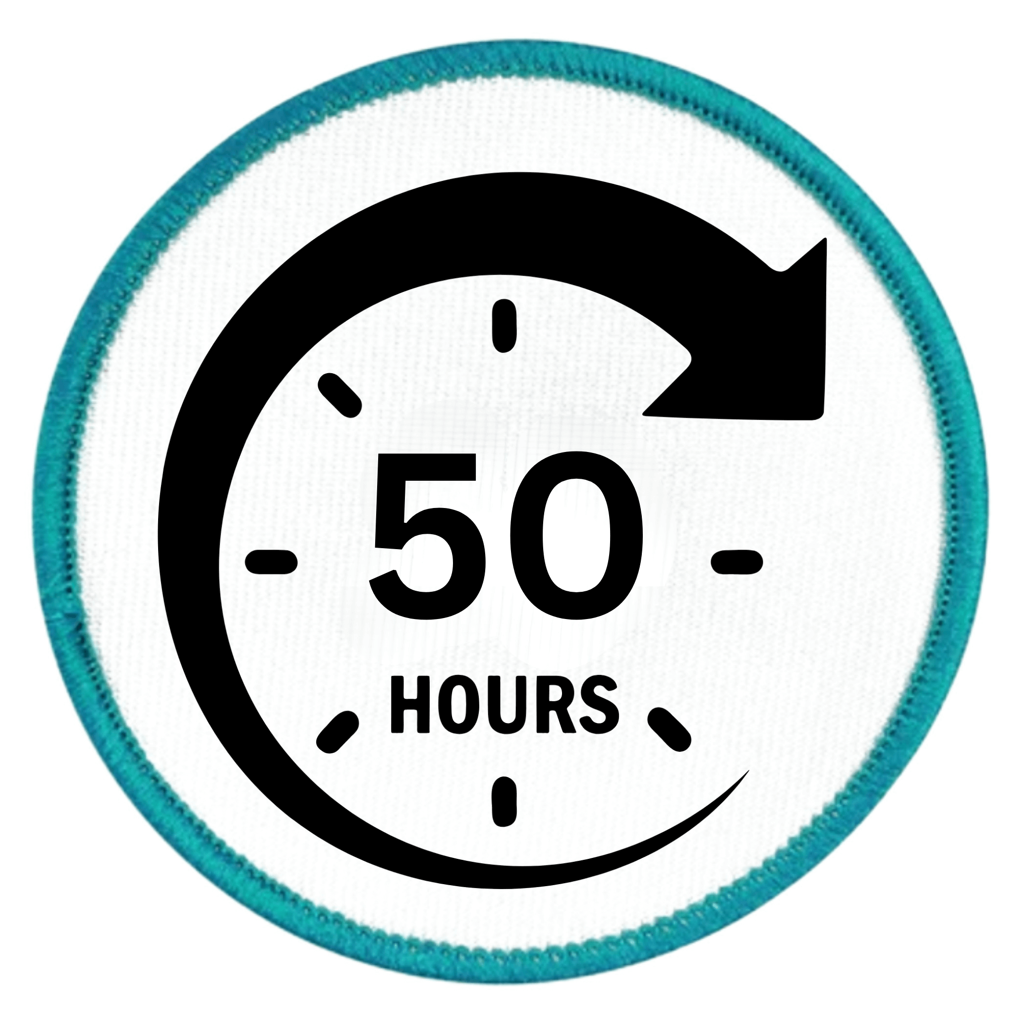 Service Milestone Badge Circular icon with a clock design and '50 Hours' text, surrounded by a blue border.
