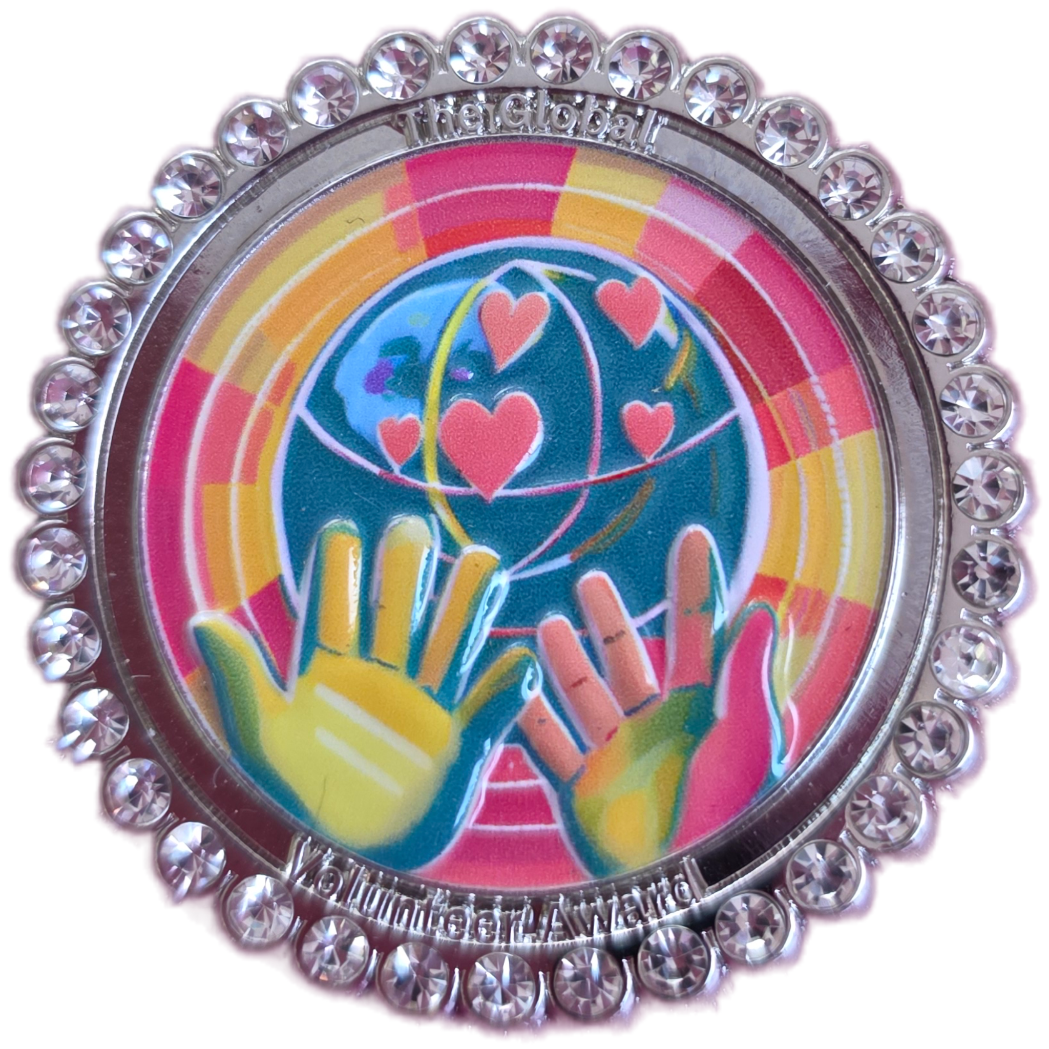 Decorative badge with colorful design of hands and hearts, surrounded by a decorative border.